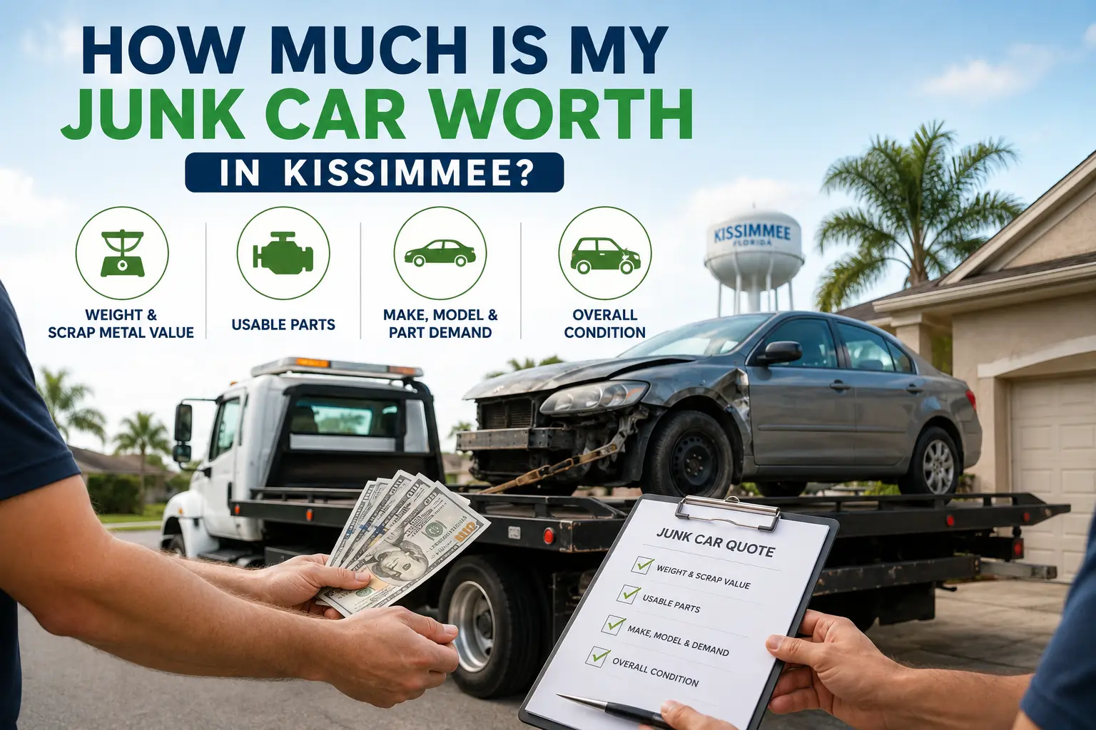 Technician evaluating a junk car in Kissimmee while explaining the key factors that determine its cash value.