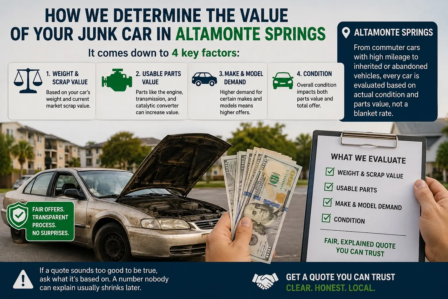 Junk car value infographic showing the four factors that determine cash offers in Altamonte Springs.