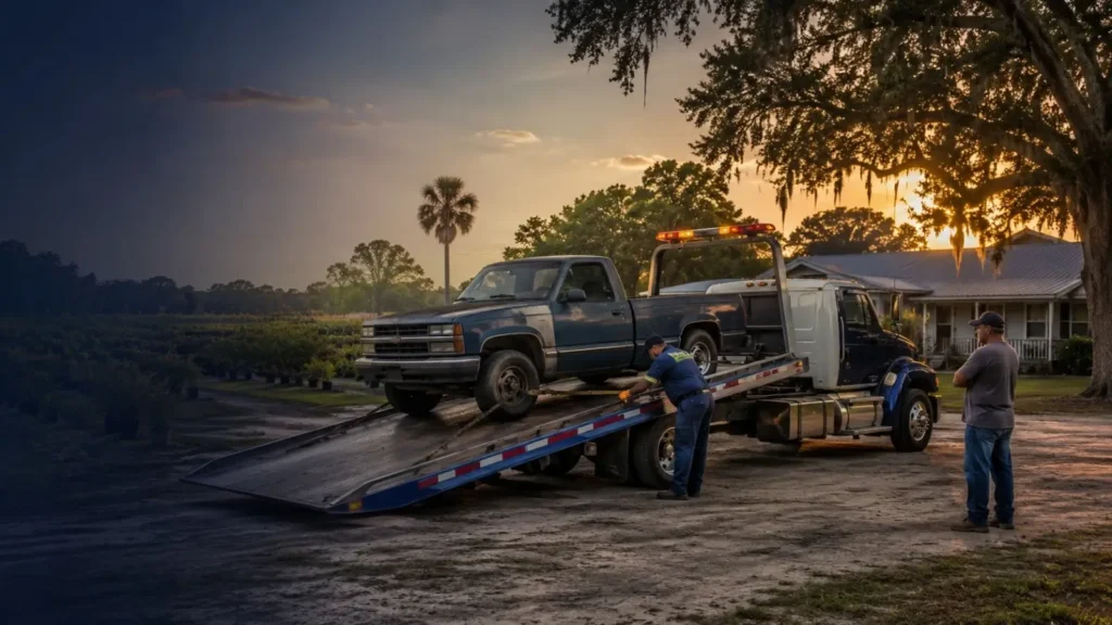 Tow truck loading junk truck at sunset for cash sale in Apopka, FL