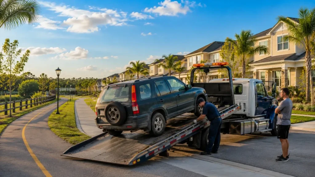 Technician documenting used car condition before junk car pickup in Ocoee