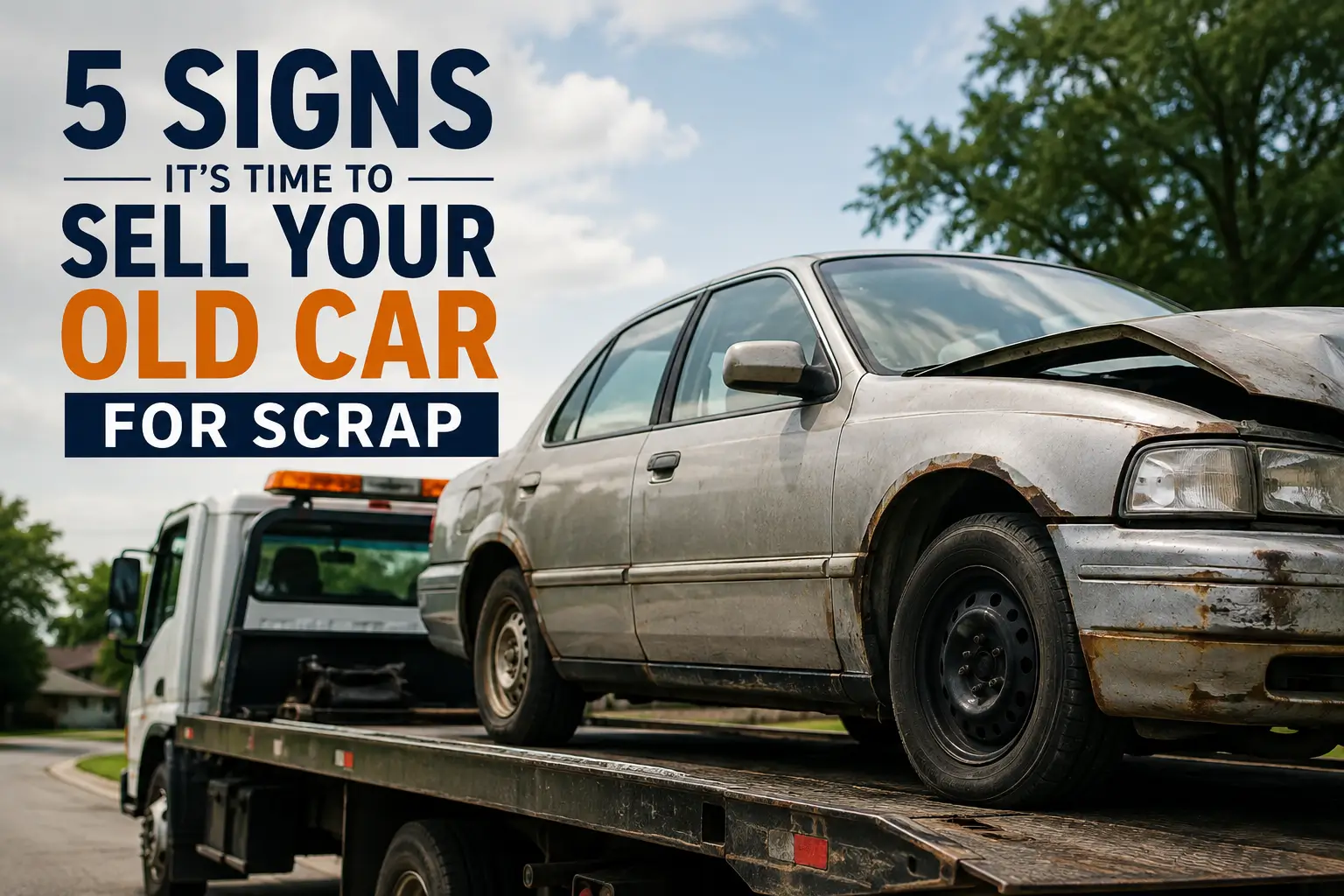 Old car being loaded onto a tow truck for scrap removal