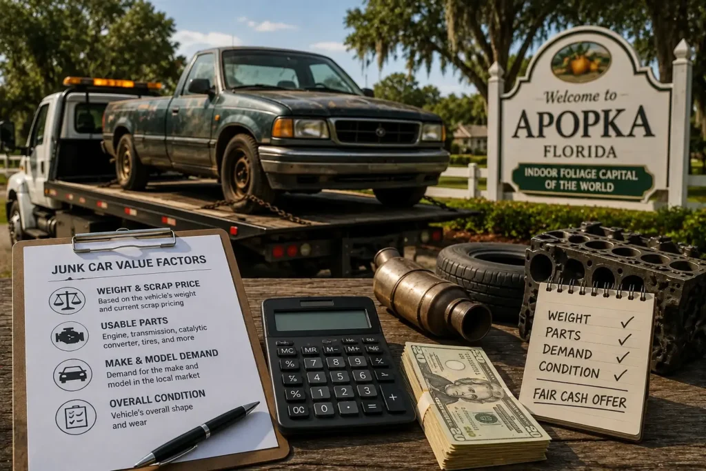 Technician evaluating a junk car in Apopka while explaining the key factors that determine its cash value