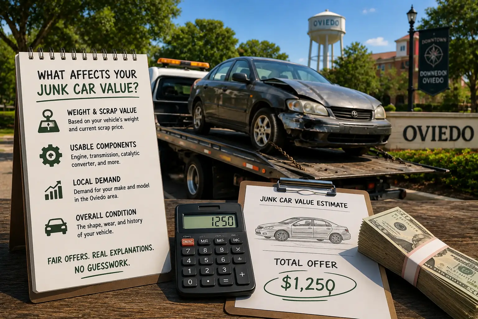 Technician evaluating a junk car in Oviedo while explaining the key factors that determine its cash value
