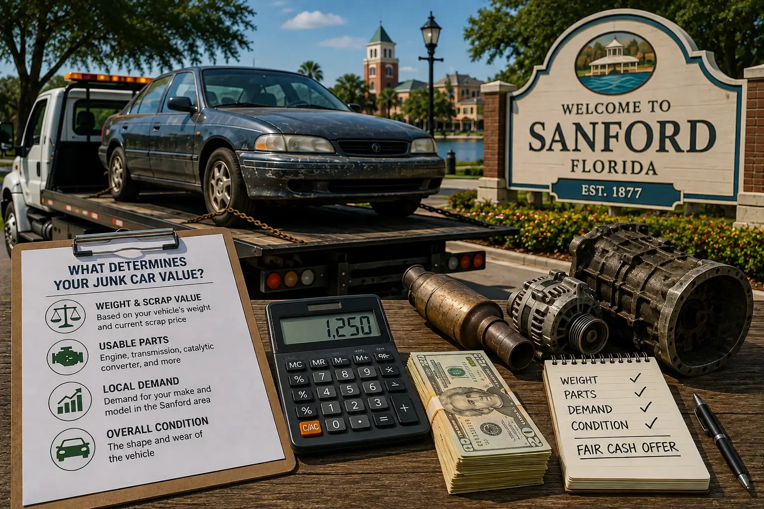 Technician evaluating a junk car in Sanford while explaining the key factors that determine its cash value