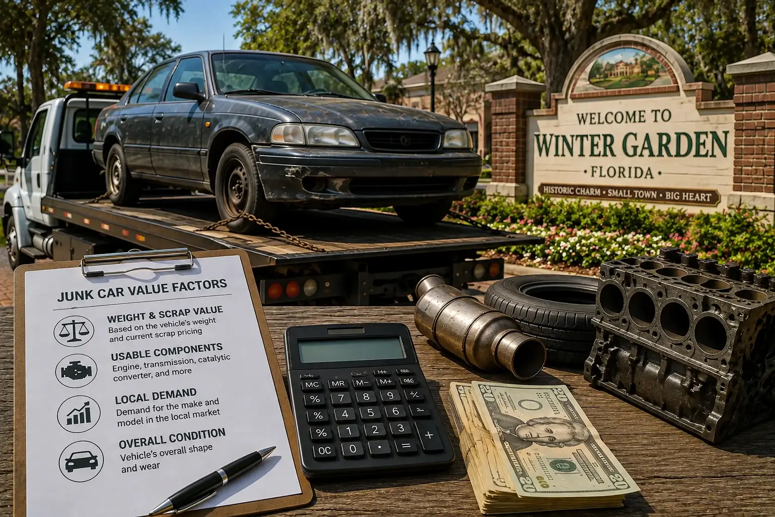 Technician evaluating a junk car in Winter Garden while explaining the key factors that determine its cash value
